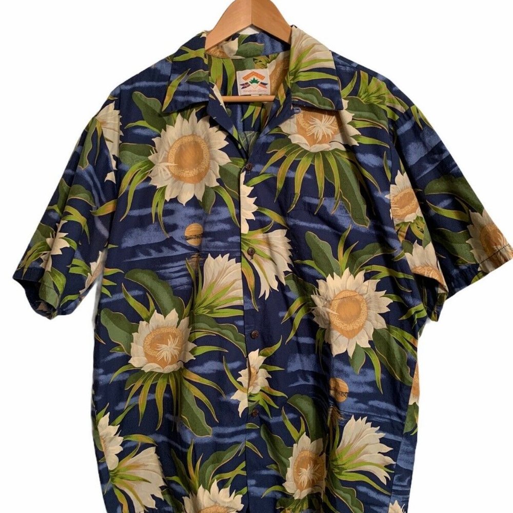 VINTAGE Sunflowers Hawaiian Shirt L Blue Unisex